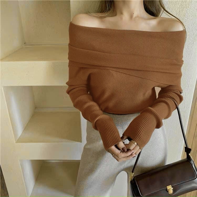 Áo len nữ trễ vai siêu co giãn,áo len dài tay ,chất len tăm 3 mầu, lên đồ Sang Chảnh - Khí chất khỏi bàn,áo len tăm