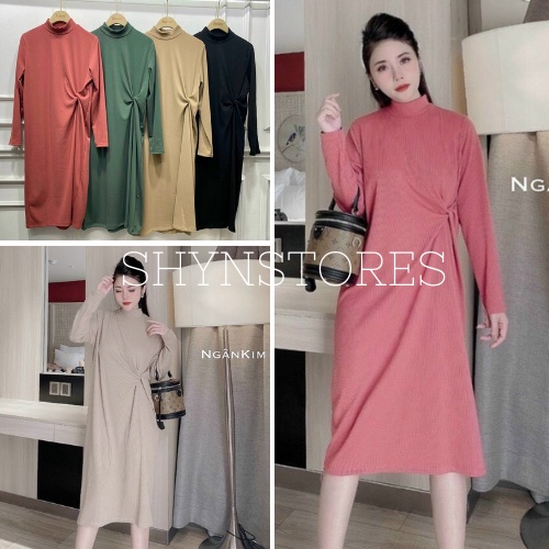 Đầm suông nữ xoắn eo dài tay vải len tăm dày đẹp co giãn tốt