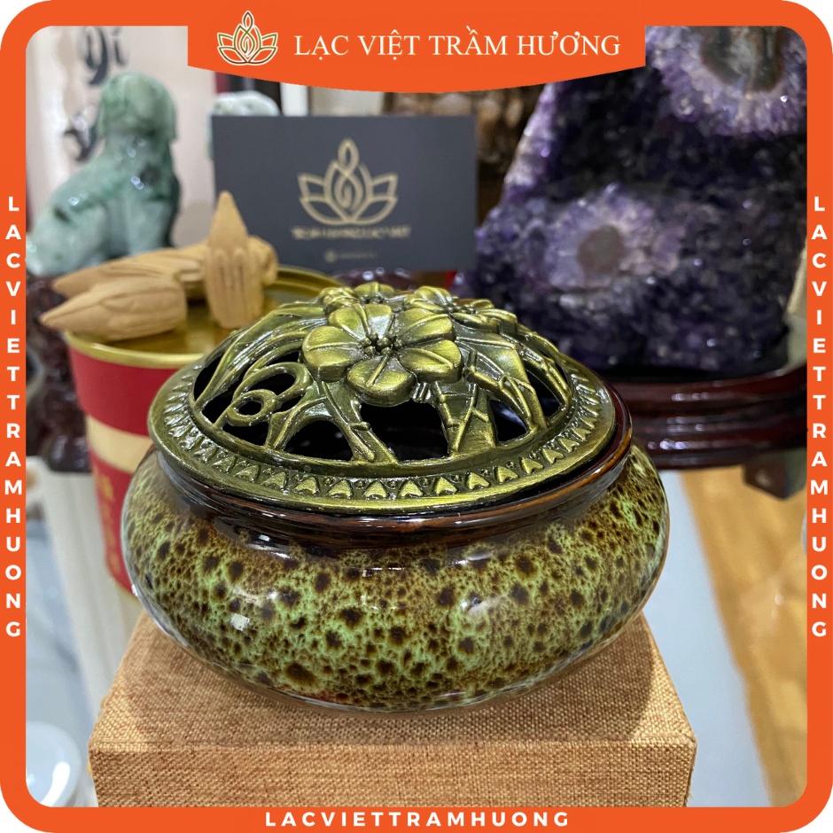 Lư Xông Đốt Nụ Nhang Trầm Hương, Nhang Khoanh Chất Liệu Gốm Sứ Có Kèm Miếng Bọc Đáy Lư Chống Cháy