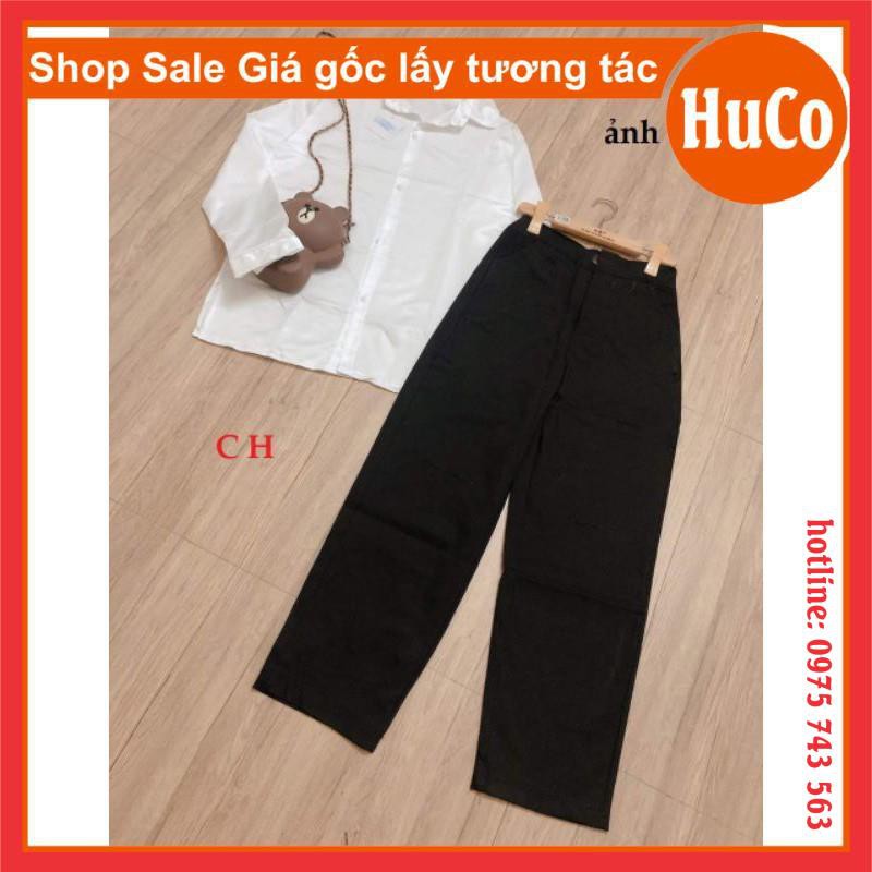 sét trang phục nữ, sét đồ áo sơ mi trắng dài tay xẻ tà basic trơn + quần bò đen cạp cao ống rộng siêu hách dáng tách lẻ | BigBuy360 - bigbuy360.vn