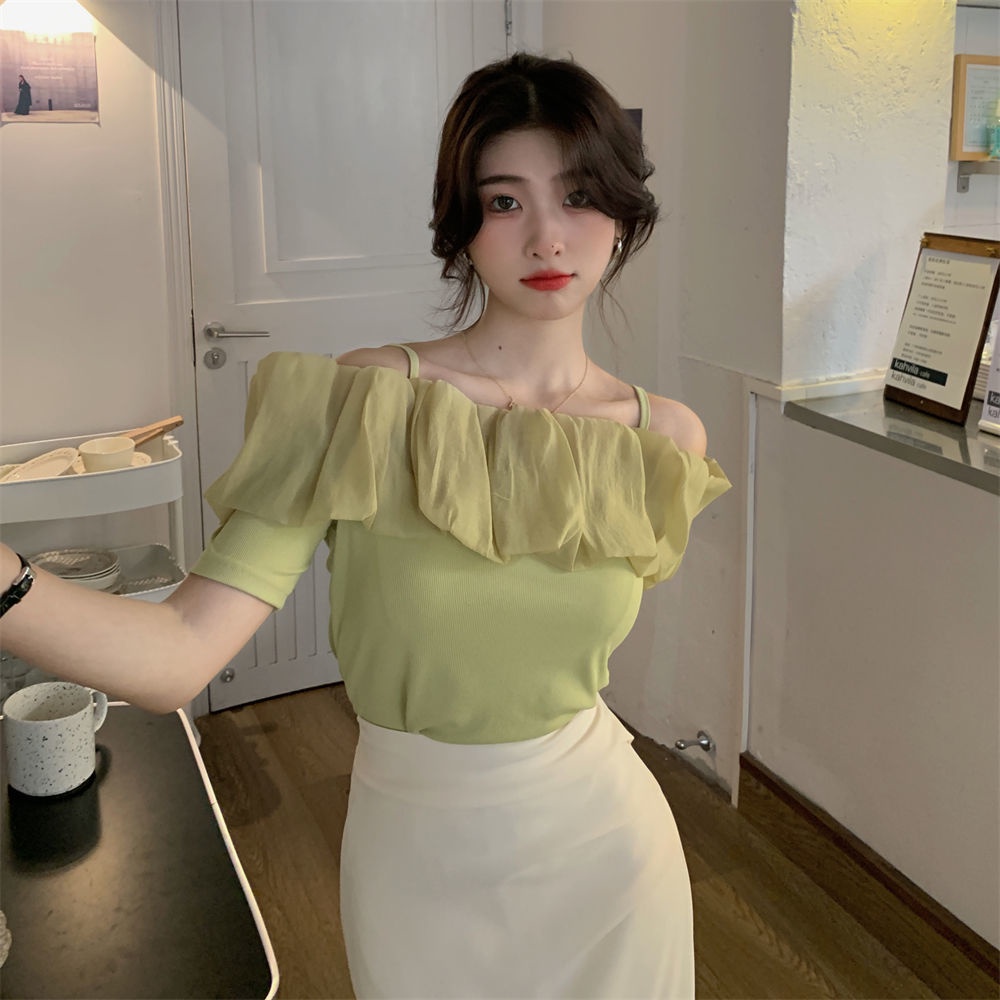 Gentle wind lotus leaf edge shoulder chiffon dress summer 2022 new style shoulder chic short-sleeved blouse