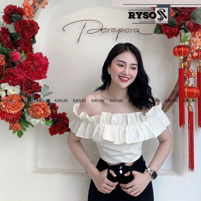 Áo voan cao cấp kiểu croptop trễ vai phối bèo siêu cute nhẹ nhàng cho các nàng