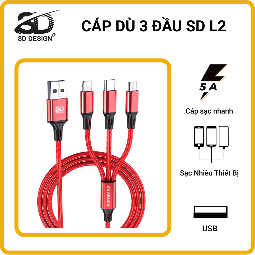 Cáp Sạc 3 Đầu L2 chính hãng SD Design đa năng 3in1 Lightning - Micro - Type C Dây Dù Sạc cho Samsung Oppo Xiaomi iPhone