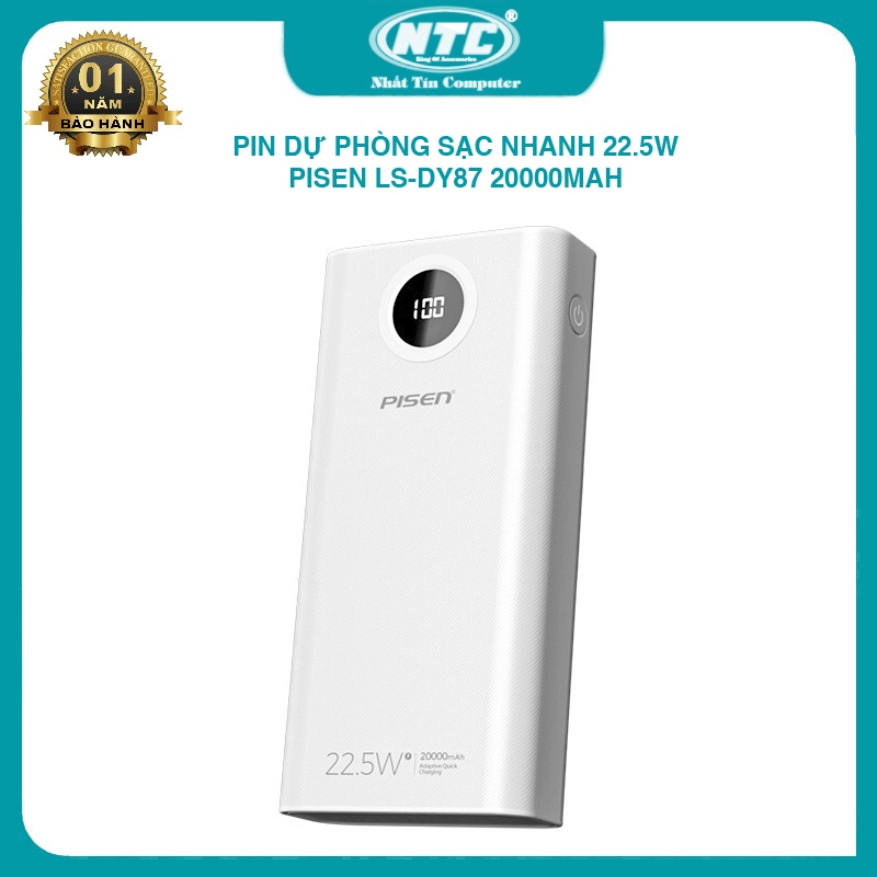 Pin dự phòng sạc nhanh 22.5W Pisen LS-DY87 dung lượng 20000mAh có LCD - hỗ trợ QC 3.0/ 2.0/ PD (Trắng)