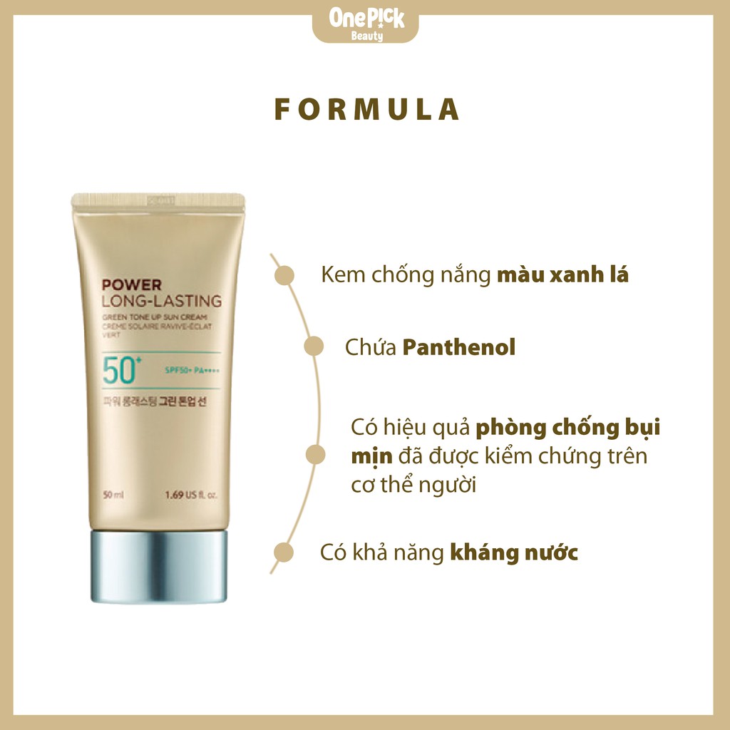 Kem chống nắng The Face Shop SPF50+ PA++++, nâng tone, làm dịu da, kháng nước vượt trội và ngăn ngừa bụi mịn cho làn da rạng rỡ dưới ánh mặt trời [POWER LONG LASTING GREEN TONE UP SUN CREAM SPF50+ PA++++ THE FACE SHOP 50ML]