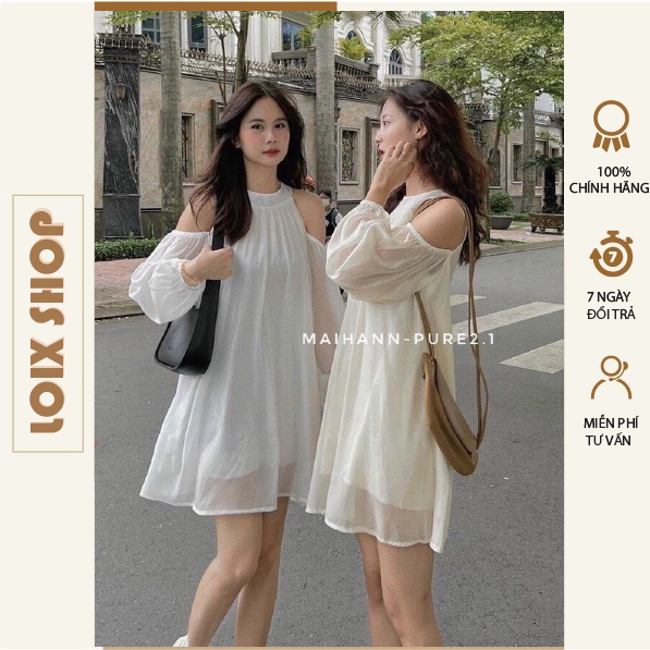 Váy đầm babydoll tiểu thư tay dài hở vai tay bồng 2 lớp dày dặn LOIX mã 1198