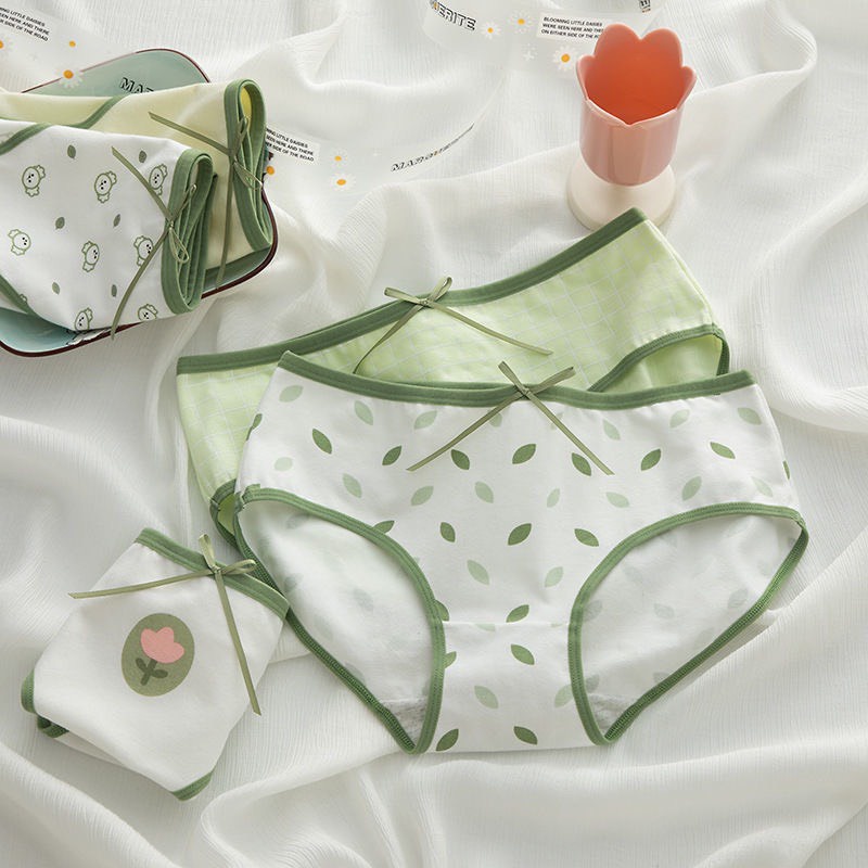 Quần Lót Nữ Cotton Hoa Tulip Tone Xanh Lá Đính Nơ Siêu Dễ Thương 299