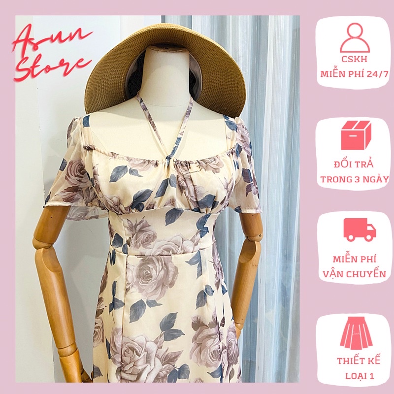 Đầm hoa trễ vai chéo cổ voan tơ💙clip ➕ ảnh thật 💙váy maxi đi biển hoa trễ vai buộc cổ dáng sexy
