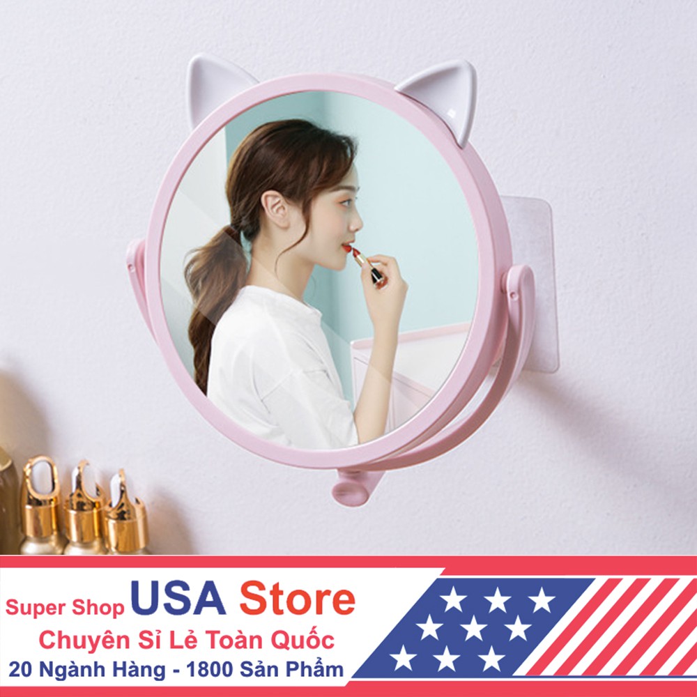 Gương Trang Điểm Gắn Tường Xoay 360 Độ - Mẫu Tai Mèo Treo Tường Phòng Tắm Cute Bạn Gái