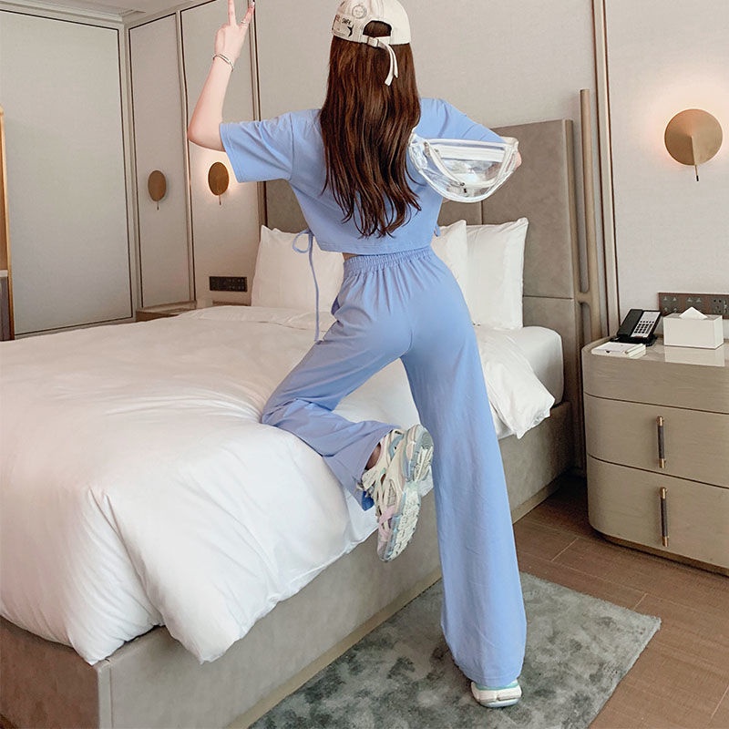 Set Áo Thun Tay Ngắn + Quần Dài Lưng Cao Thời Trang Hè 2022 Cá Tính Cho Nữ