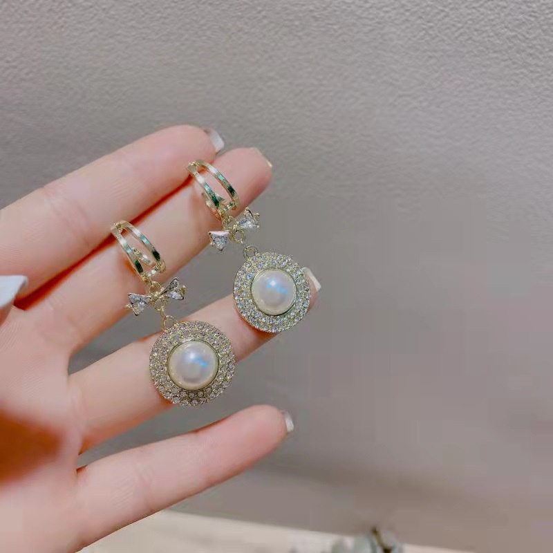 Khuyên Tai Bạc S925 Hình Nơ Đính Đá Và Ngọc Trai Sang Trọng Cổ Điển