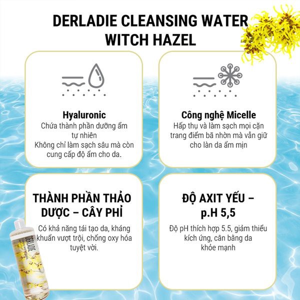 Nước Tẩy Trang Làm Sạch Da,Kháng Khuẩn, Dịu Nhẹ Chiết Xuất Cây Phỉ Derladie Cleansing Water Witch Hazel 30ml - Mini size