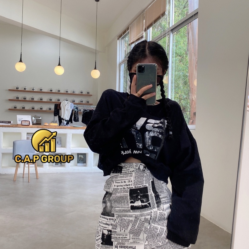 Chân váy nữ ngắn chữ A đẹp lưng cao họa tiết Tờ Báo ngầu Kpop