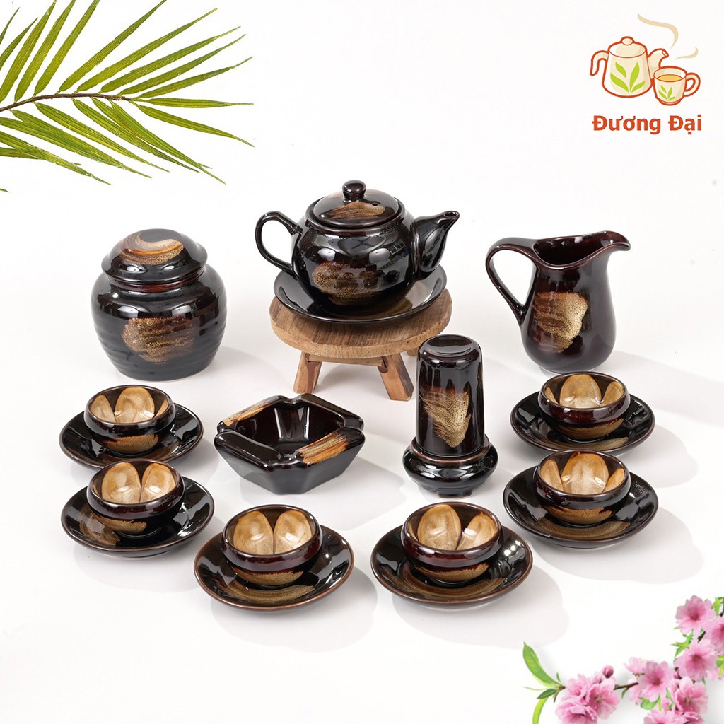 Bộ ấm chén pha trà Gốm Sứ Bát Tràng Đương Đại men hỏa biến phẩy lòng chén nở hoa