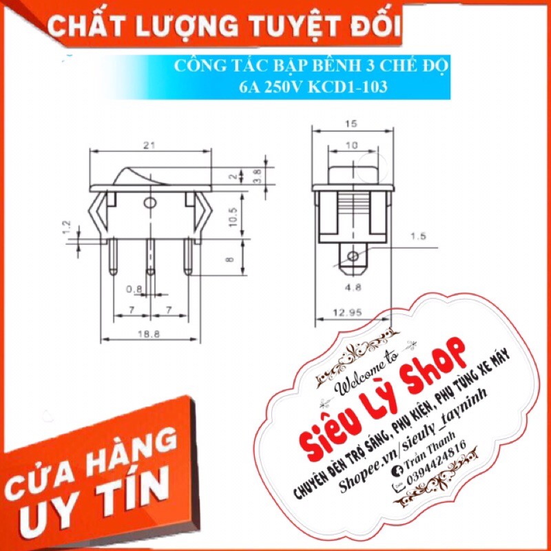 Công tắc bập bênh KCD1-103 6A-250V 3 chân 3 chế độ (ON-OFF-ON)