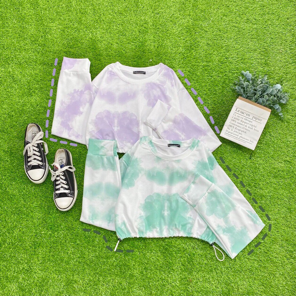 Áo croptop tay dài loang màu dây rút ở eo