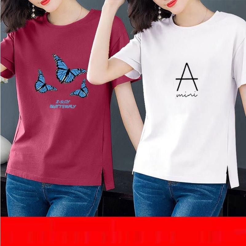 Set 1 / 2 Áo Thun Tay Ngắn Cổ Tròn Chất Liệu Cotton Dáng Rộng Thiết Kế Xẻ Tà Thời Trang Mới Cho Nữ