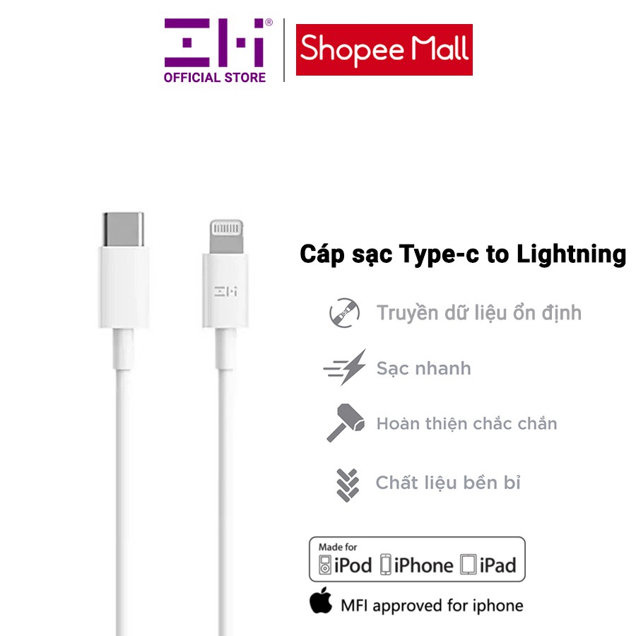 Cáp sạc nhanh Xiaomi ZMI Type-C to Lightning, có chứng nhận MFI của Apple, dài 1m - AL870