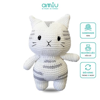 Gấu bông cao cấp - Mèo nhồi bông handmade móc thủ công từ len cotton màu trắng ghi - Mèo Ú Nu SP000355