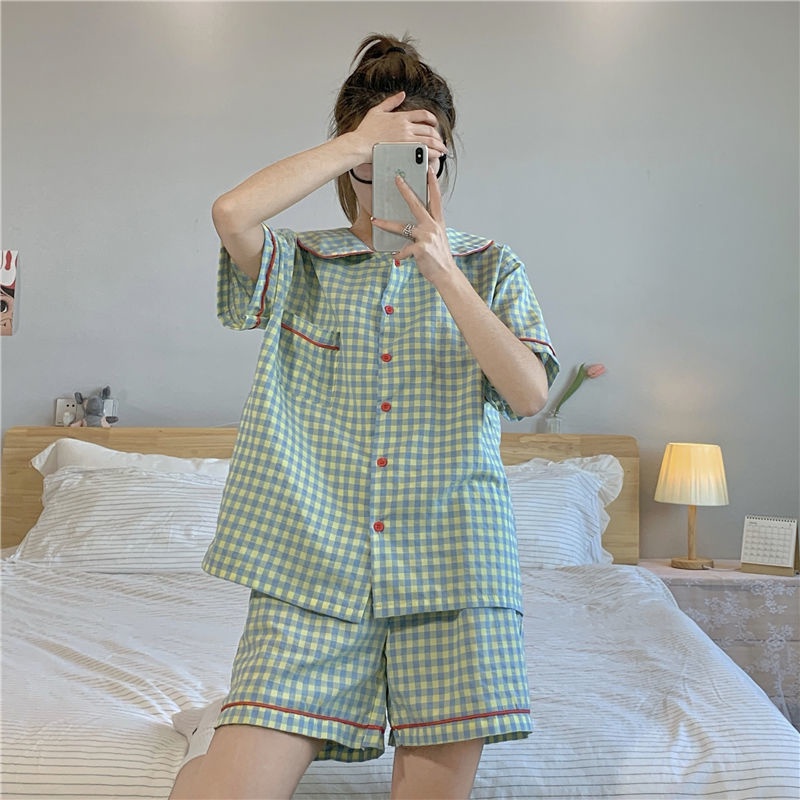 Bộ Đồ Ngủ Tay Ngắn Họa Tiết Sọc Caro Thiết Kế Đơn Giản Thời Trang Mùa Hè Mới Cho Nữ