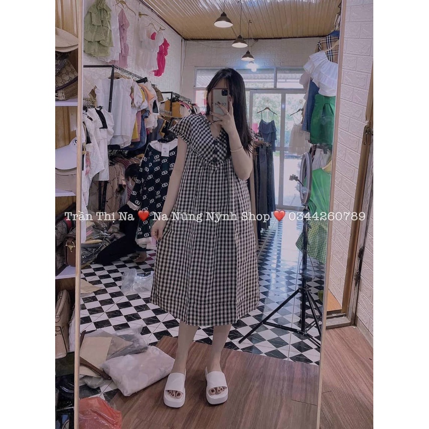 Đầm Bầu Váy Bầu Bigsize Form Rộng Thoải Mái Họa Tiết Kẻ Caro Cổ Tàu Dáng Xuông Xinh Xắn