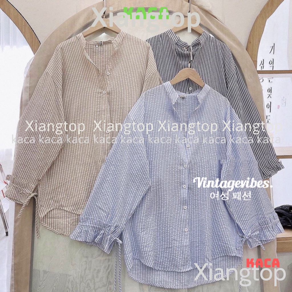 Áo sơ mi dáng rộng kẻ sọc cổ tàu tay phối bèo Ulzzang (hàng QC) - Ảnh thật kaca aosomicongsothietke