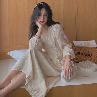 Order- Váy dài voan cổ V tay phồng cổ đính- Tikbook Store