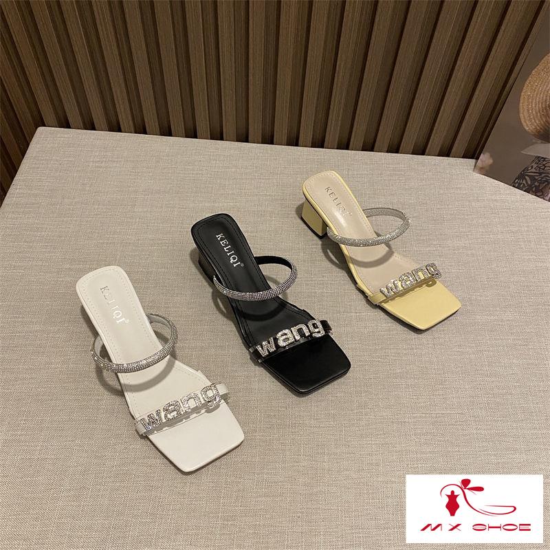 ~ Dép Sandal Đế Phẳng Dày Quai Ngang Đính Đá In Chữ Phong Cách Cổ Tích Thời Trang Mùa Hè