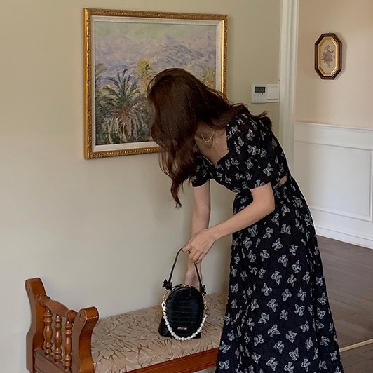 ZHELIHANGFEI Váy hoa nơ ngắn tay eo thon gọn váy dài