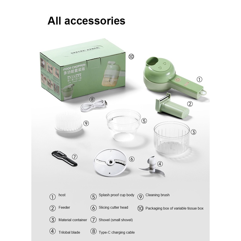 Máy Băm Rau Củ Qủa, Tỏi Ớt Cầm Tay 4 in 1, Máy Xay Thái Tỏi Ớt Rau Củ Sử Dụng Pin Sạc Cổng USB Tiện Dụng