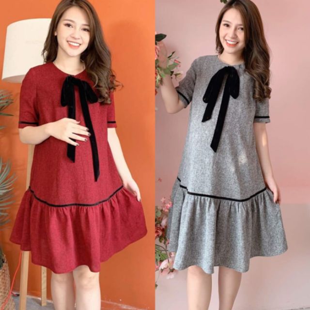 Váy bầu Thu Đông, chất dạ, có nơ cách điệu duyên dáng - 𝐕𝟔𝟕