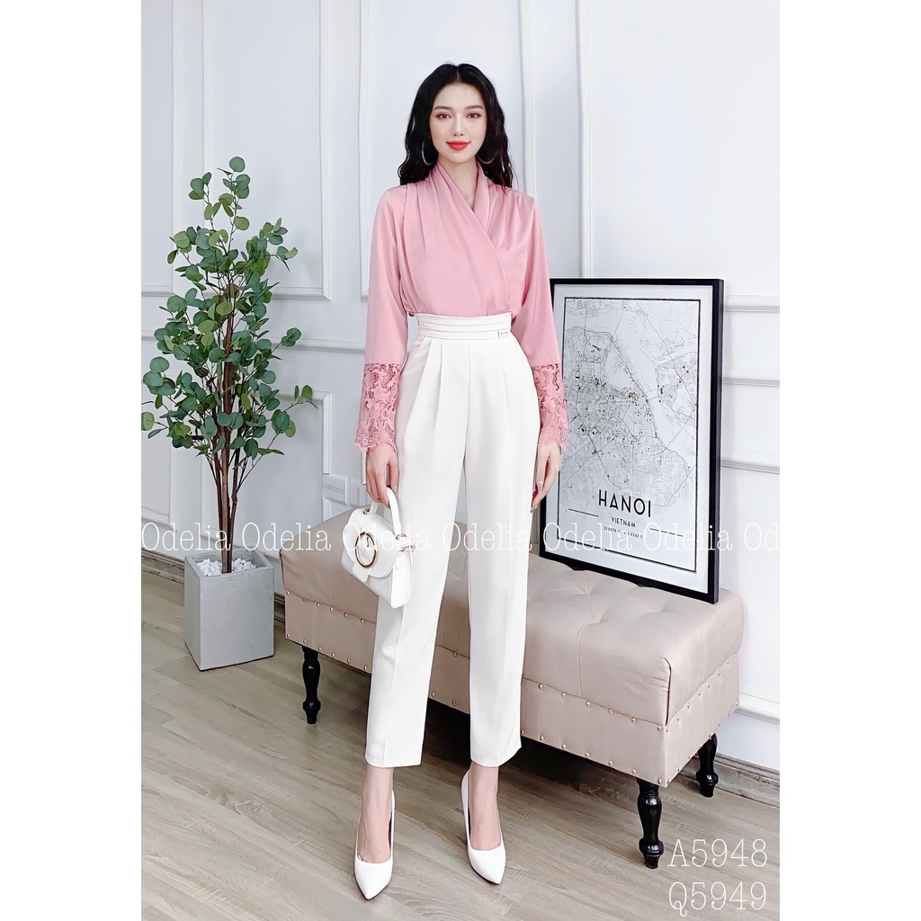 Áo lụa công sở Odelia cổ V, tay ren - A5948