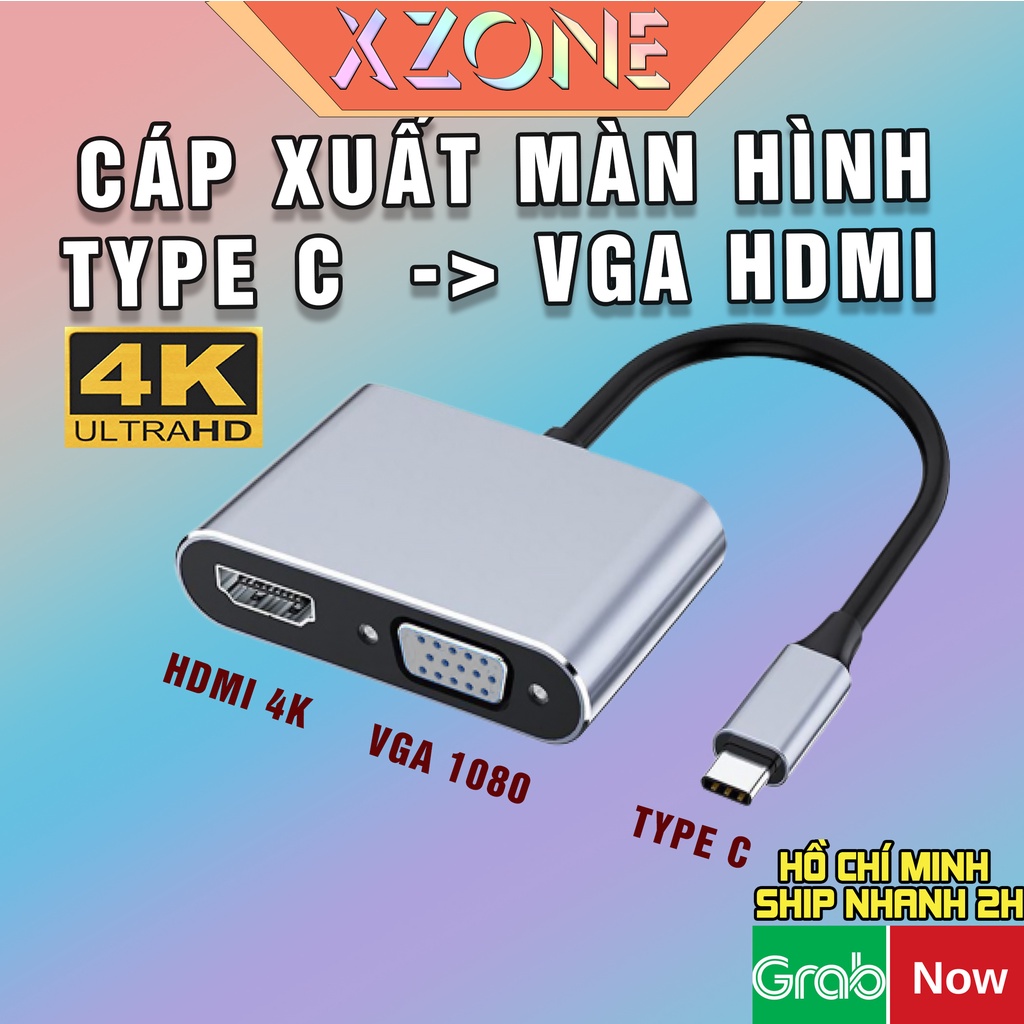 Bộ chuyển đổi Type C ra VGA, HDMI 4K xuất hình ảnh ra màn hình, máy chiếu