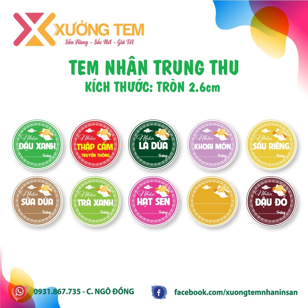 20 Tem Dán, Nhãn Nhân Bánh Trung Thu - Nhiều Mẫu Tròn- Mới 2022