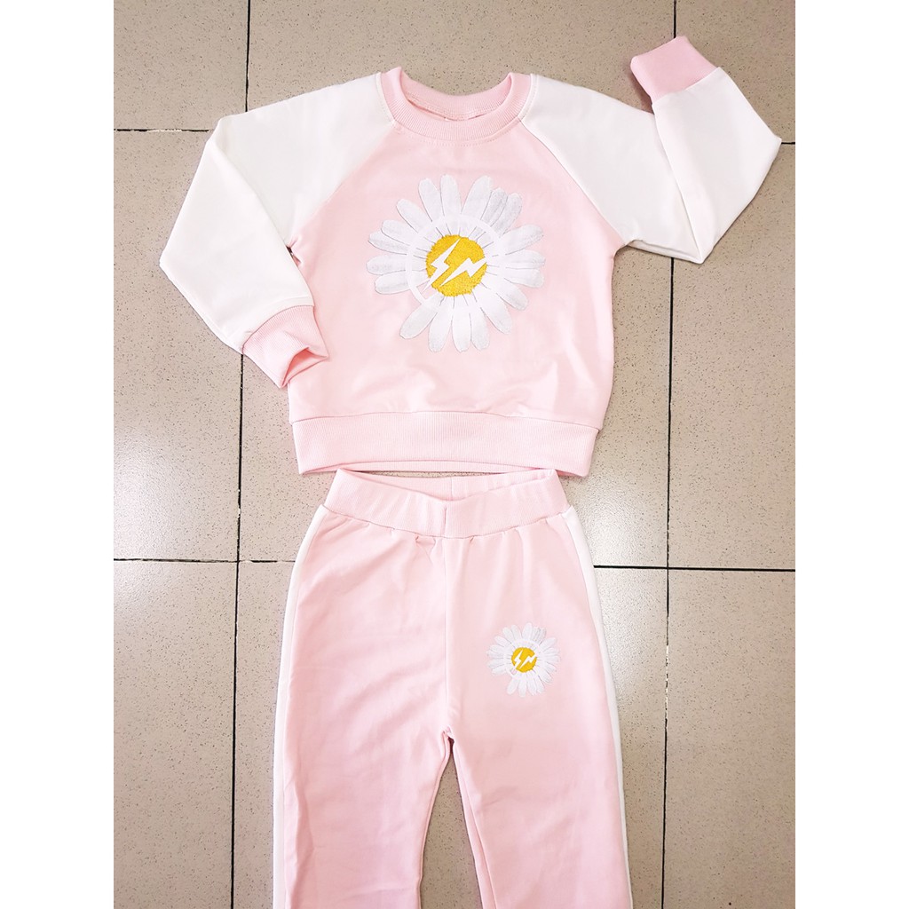 Bộ thun cotton da cá tay dài in hoa cúc ấm áp cho bé gái