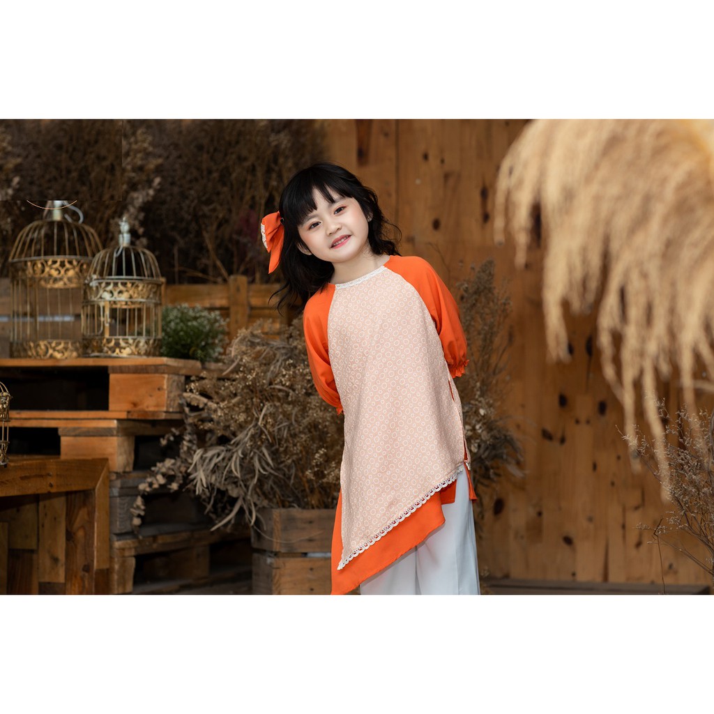 [Maru House]✨Freeship✨thời trang thiết kế cao cấp-áo dài lụa phối ren tà trước SANG CHẢNH cho bé gái từ 12-25kg