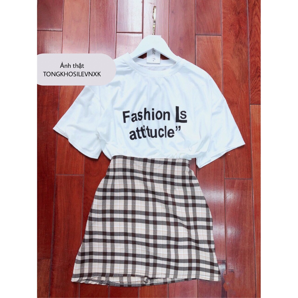 Set Bộ Áo Thun Fashion Mix Chân Váy Kẻ Caro Màu Be - Set Áo thun tay lỡ Fashion is Attitucle + chân váy caro chữ A