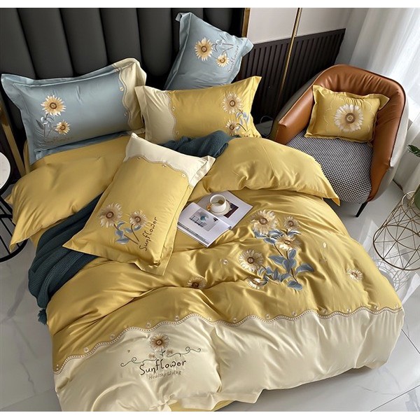 Bộ chăn ga gối lụa 60s Lidaco thêu hoạ tiết hoa hướng dương cao cấp