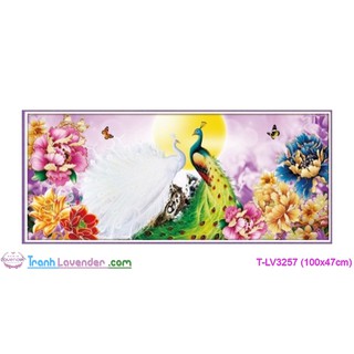 [T-LV3257]Tranh thêu chữ thập Con công Uyên ương thưởng nguyệt (100x47cm)