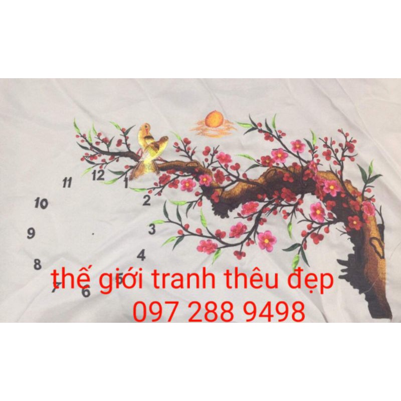 tranh thêu đồng hồ cành đào đôi chim tranh đã thêu sẵn chưa Khung KT3 5 x 55 cm