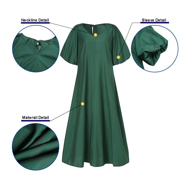 Đầm nữ ZANZEA dài cổ chữ V tay phồng màu trơn thiết kế dây buộc sau lưng thanh lịch