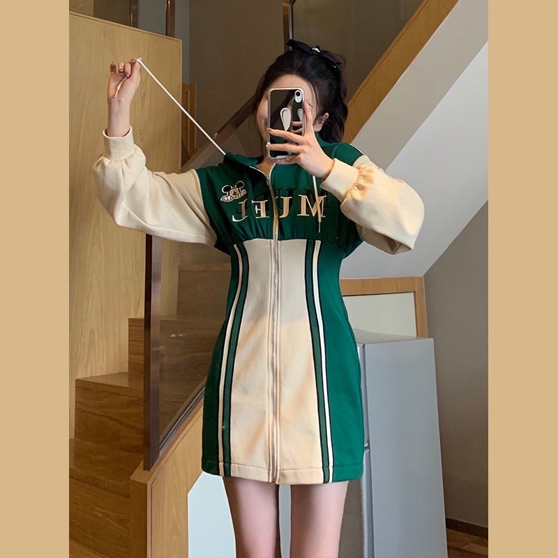 Đầm hoodie dài tay thiết kế mới thời trang mùa thu đông theo phong cách pháp