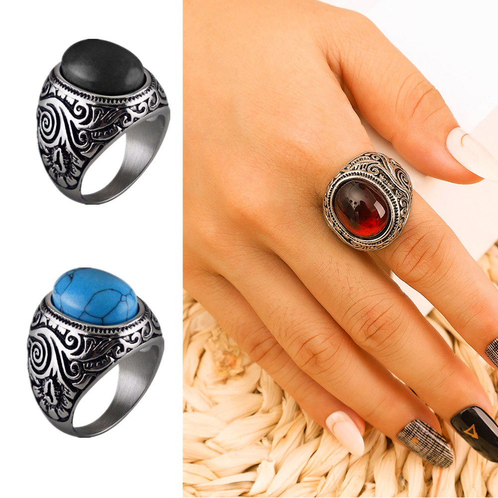 Nhẫn thép không gỉ đính đá ruby và ngọc lam nhiều màu thời trang cho nam nữ cỡ 7-12 tùy chọn