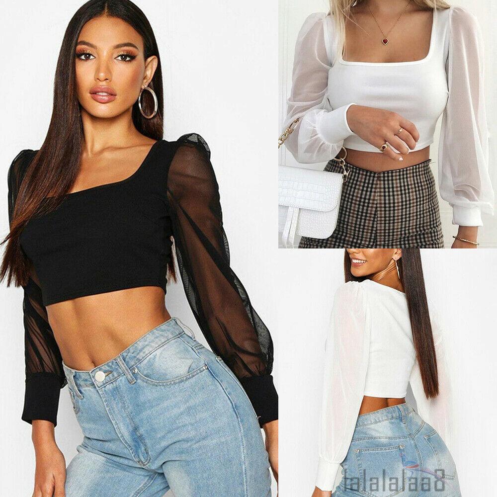 ☆➔❤Sexy Lady Perspective Transparent Mesh Long Sleeve Party Club Cropped Top | BigBuy360 - bigbuy360.vn