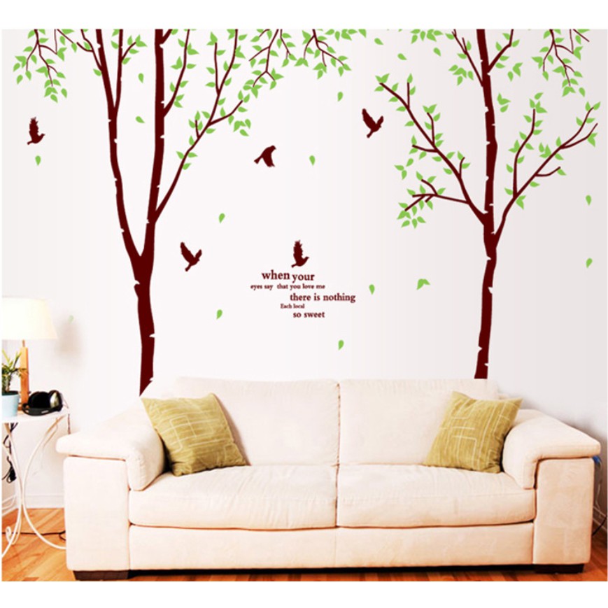 Decal trang trí tường - 2 Cây mỏng lá xanh nhí Chim Đen size lớn ( 3 tấm )
