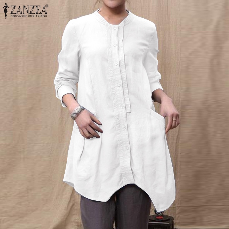 Áo sơ mi Zanzea tay dài vạt không đều có túi dành cho nữ