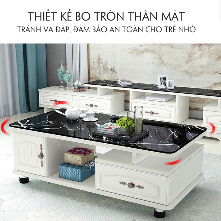 Combo Kệ tivi, Bàn trà chất liệu gỗ MDF, mặt kính cường lực, có thể thay đổi kích thước kệ tivi phù hợp với diện tích