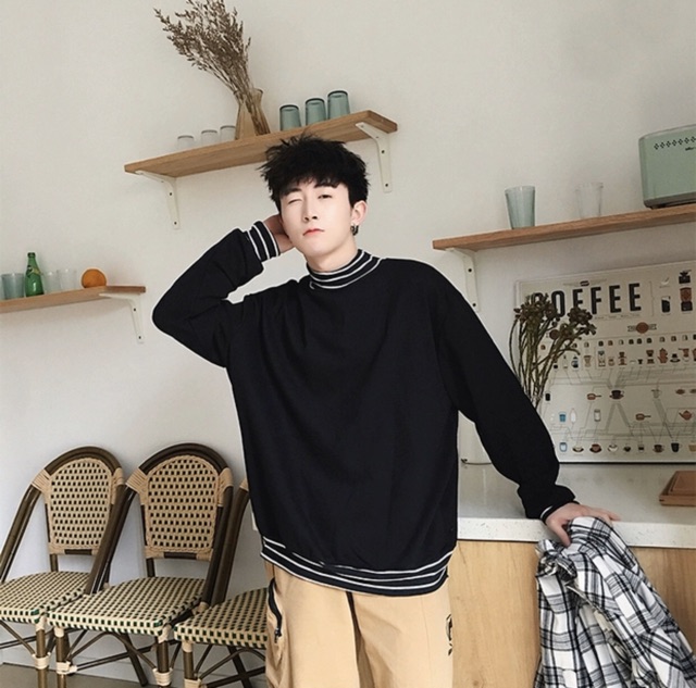 Áo hoodie nam nữ unisex cổ lọ phối kẻ phong cách Hàn Quốc