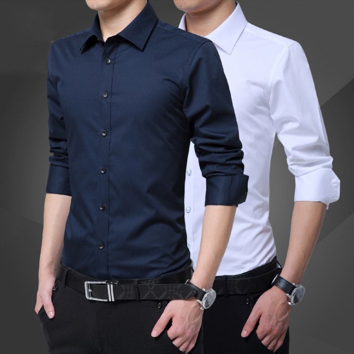 Áo Sơ Mi Tay Dài Trơn Unisex Cho Nam Vải Lụa Hàn Đẹp Và Thoáng Mát
