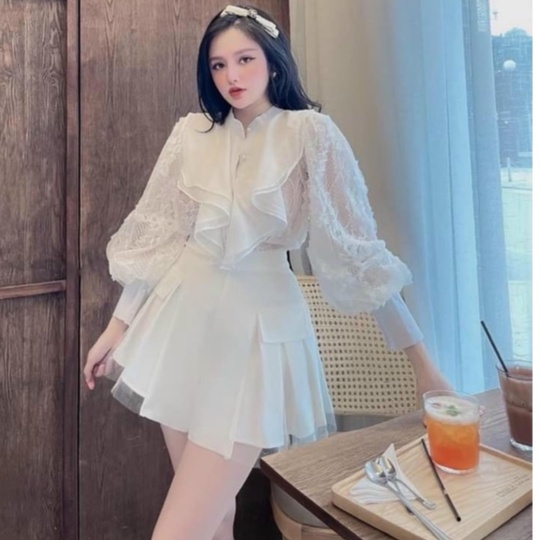 Chân váy xoè viền ren có quần trong chất vải tuyết mưa siêu xinh